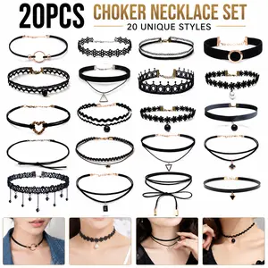 20 Pcs Gothic Choker Set for Women - Black Velvet and Lace Choker Necklaces, Elegant Choker Chain Collection#SummerVibes