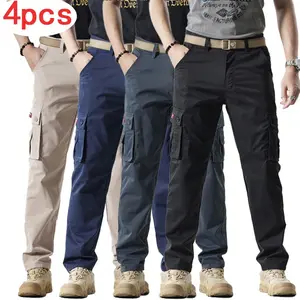 HOMUG Men's 4-Pack Solid Color Flight Work Pants, Casual Multi-Pocket Straight-Leg Style. Men's Fashion Apparel – Suitable for Spring and Summer Wear.