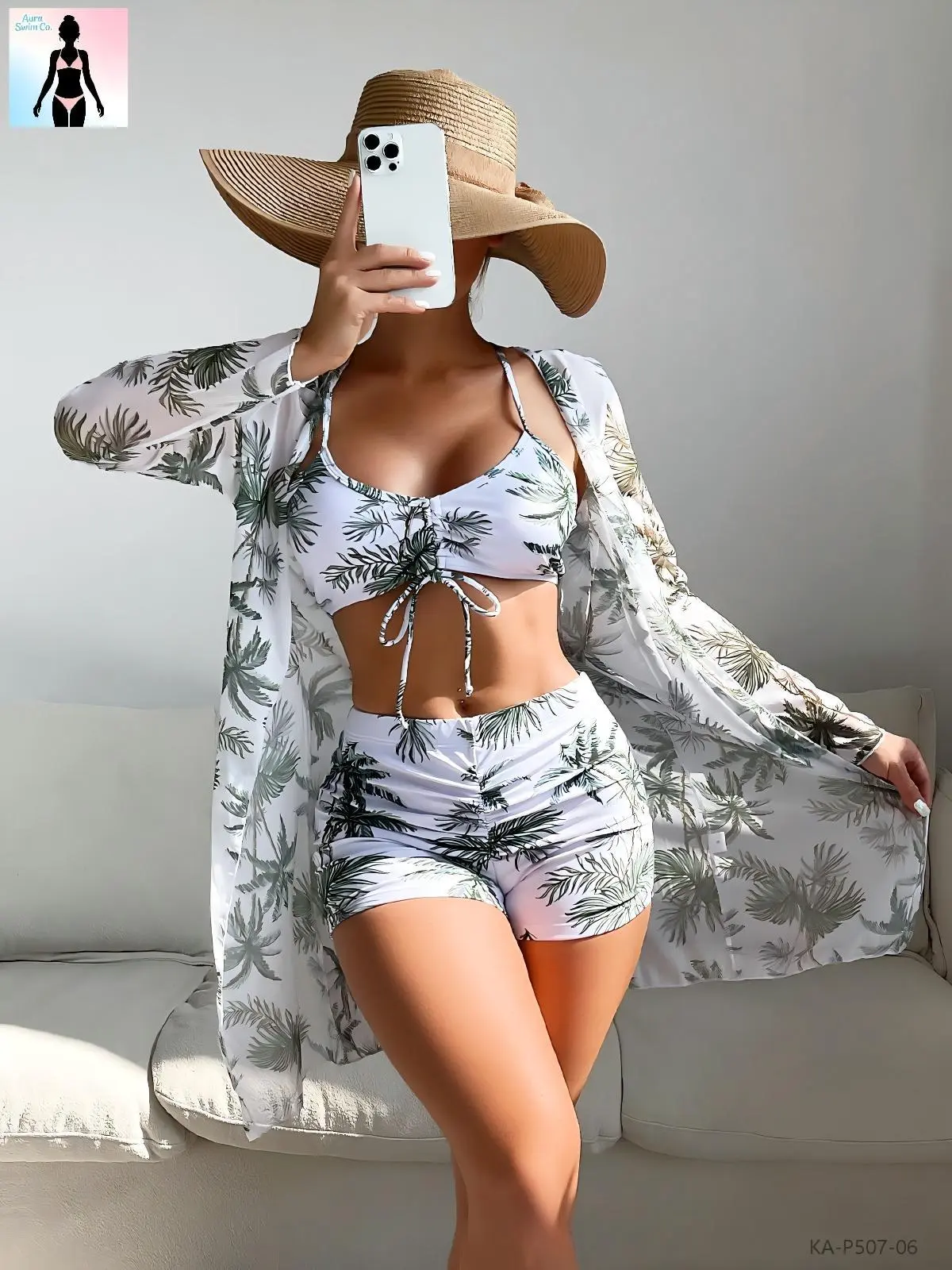 Women’s High-Waist 3-Piece Beachwear Swimsuit Set - Quick Dry, Soft, Flexible, Belly Control Swimdress, Tummy-Control Shorts, Flowy Cover-Up for Summer Vacations