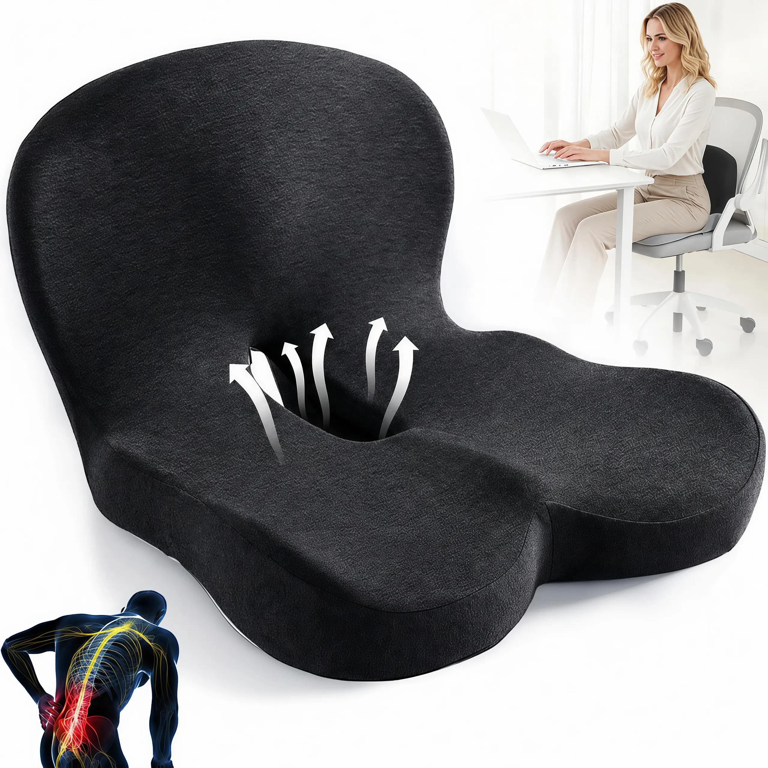 【summerwins】Non-Slip Memory Foam Ergonomic Seat Cushion, Skin-Friendly Breathable Mesh Cover with Extended Zipper, Easy to Remove & Wash, Adjustable Back Support Cushion Relieves Leg & Hip Pain for Office Chair, Truck Seat