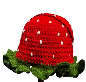 Strawberry Crochet Bucket Hat - Red with White Polka Dots & Green Base - Fun & Unique Design