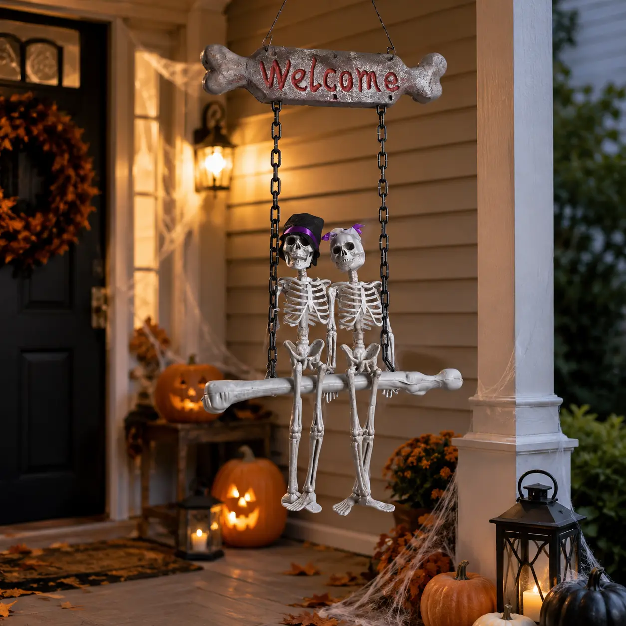 Spooky Welcome Hanging Skeleton Sign – Halloween Door & Porch Decoration