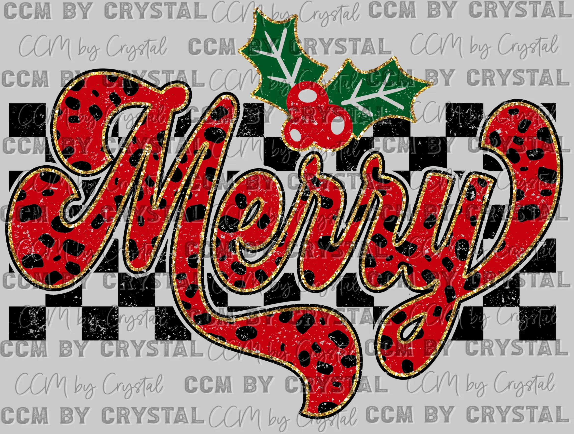 Checkered Merry Christmas Faux Glitter Ready to Press DTF Transfer for T-Shirts Ready to Press Sublimation CCMbyCrystal