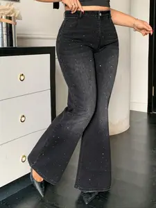 Women's Plus Size Denim Flare Pants Jeans, Fashion Rhinestone Craftsmanship, High Elasticity Fitted Comfortable Elegant Long Pants, Casual All Seasons Wear