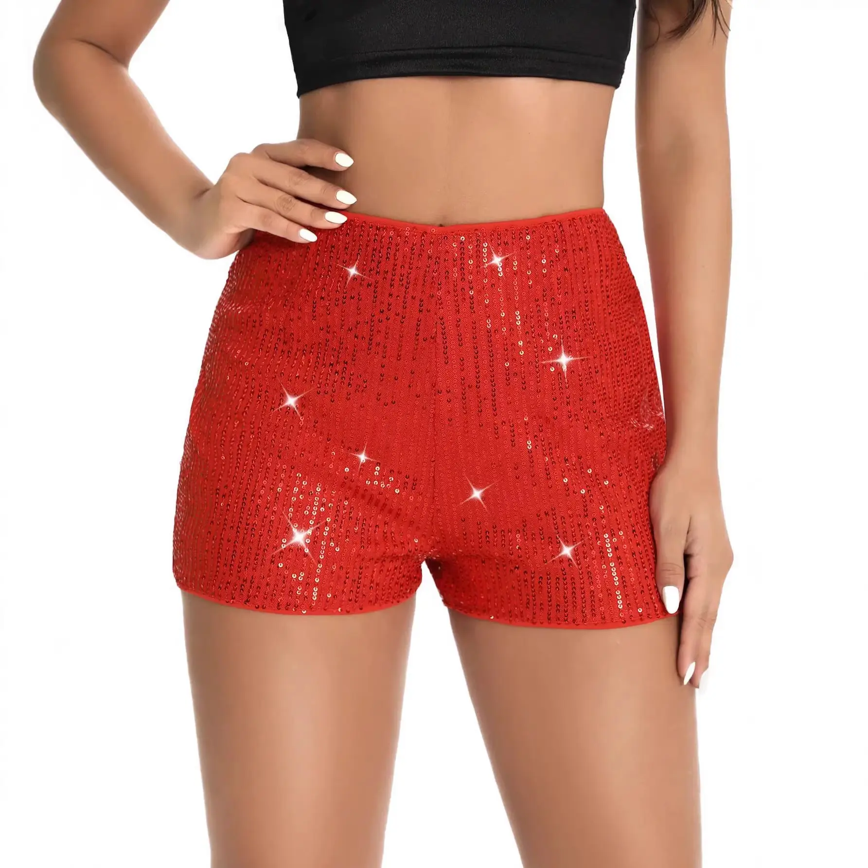 2026 Sequined Slim Fit Hot Pants, Solid Black, Mid-Waist, Straight-Leg Women's Shorts, Street Style, Slim Fit Low Rise Elastic Waist Shorts with Sequins