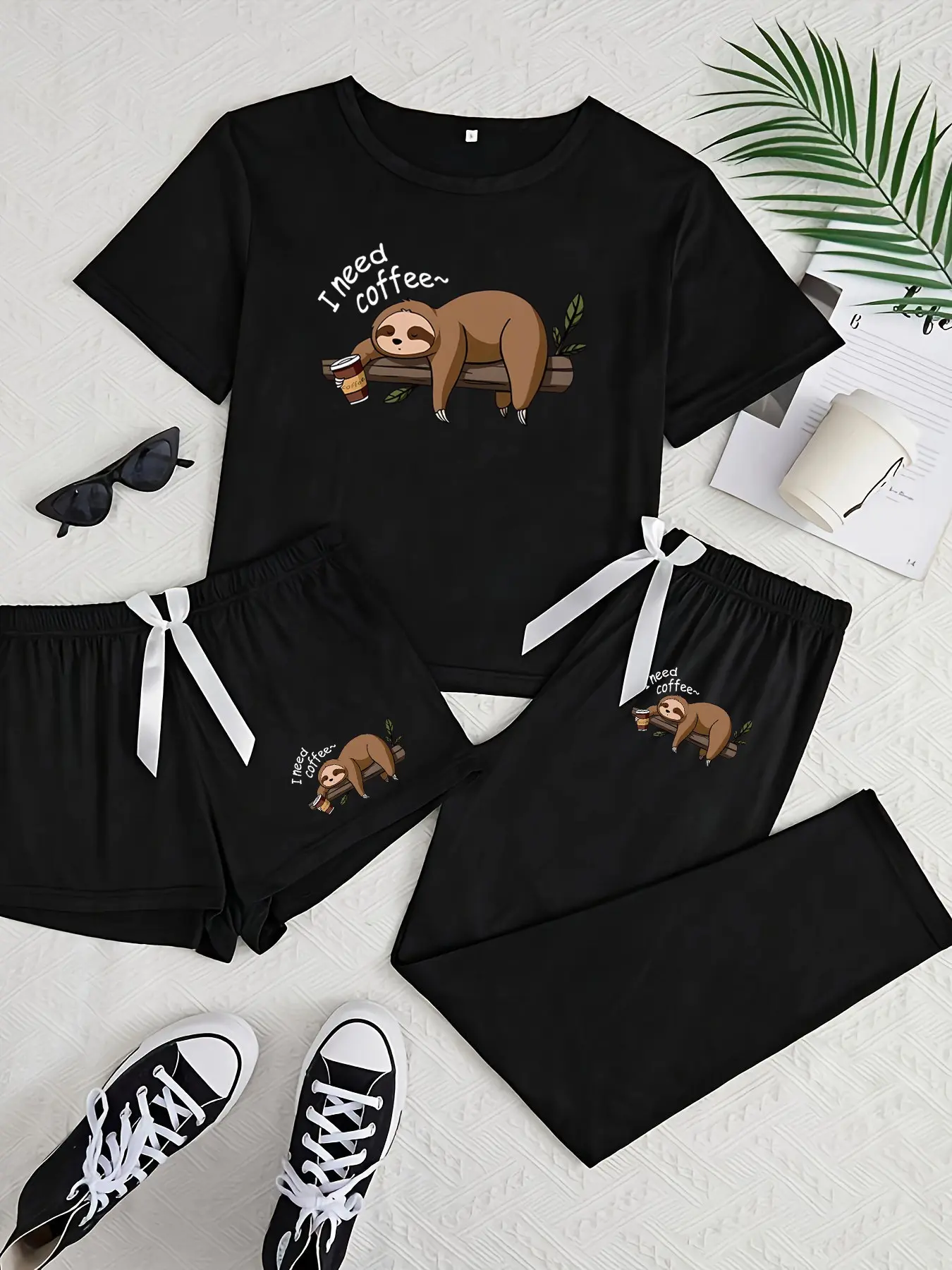 Sleeping Sloth Women Three-Piece Set, Cartoon Pattern, Loose-Fitting Casual Home Wear, All-Seasons Comfortable Pajama, Loungewear, Loungewear Pjs Set