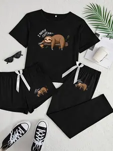 Sleeping Sloth Three-Piece Set, Women's Cartoon Pattern, Loose-Fitting Casual Everyday Loungewear Home Wear, All-Seasons Comfortable Pajama, Homewear