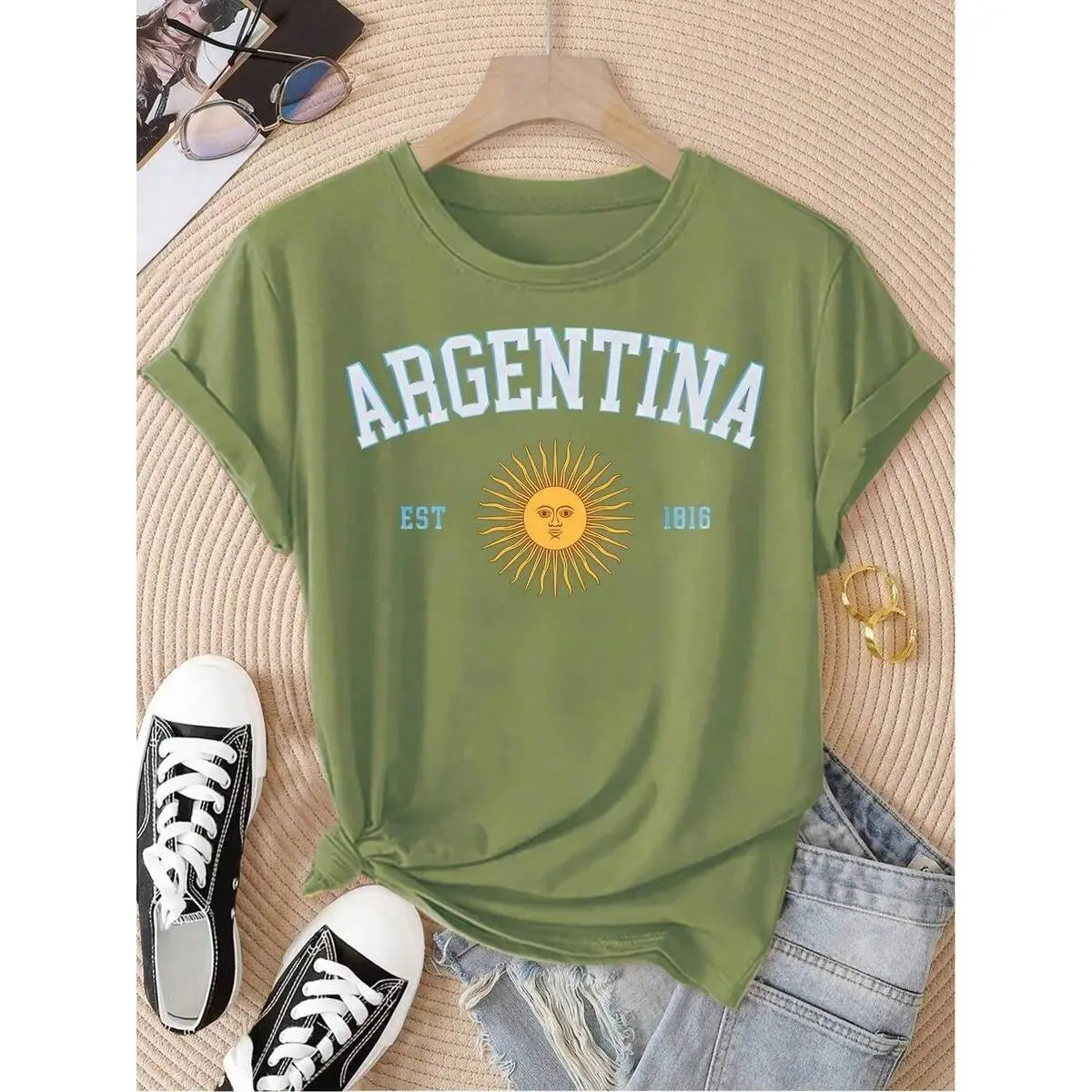 Men's Argentina Print 100% Cotton Fabric Short-Sleeve Tee - Menswear Round Neck Top with Stretch, Hem, Halloween Vibe, Vintage Chic Lightweight Loose-Fit, Machine-Washable Summer Casual Outfit