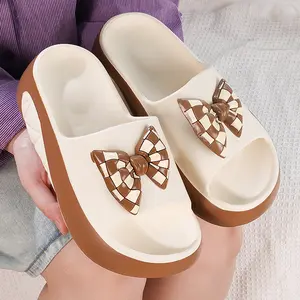 Rain Core Checkerboard Bow Platform Slides Women's Summer Fashion Slippers Soft Cushioned Sole Versatile for Outfits & Loungewear Footwear