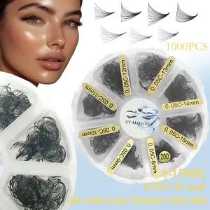 1000 Pcs per box, 8-15mm Mix, Curl C/D, Thickness 0.05mm, 8D 10D 12D 14D 16D 18D 20D Sharp Narrow Stem Premade Fans, DIY Lash Clusters For Home DIY, Travel, Daily Commute, Evening Party, Wedding Bride Makeup, Eyelash Extensions