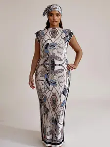 Women's Elegant Tribal Print Long Dress Set, Slim-Fitting Moo Moo Skirt & Scarf, Beach Sun Protection Shawl, All Seasons Fashion