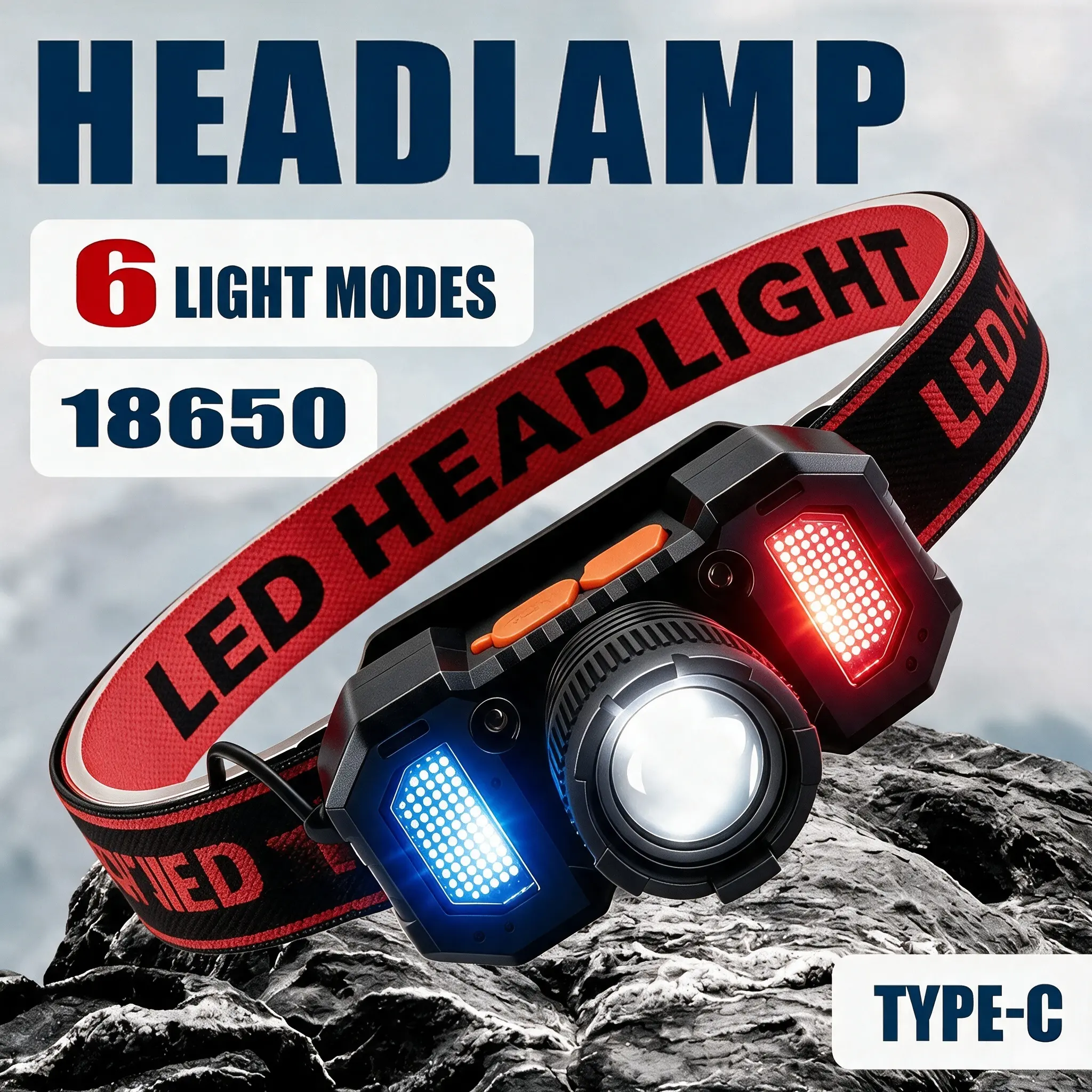 Rechargeable LED Headlamp, Zoomable Focus & 90° Tilt, Stretch Adjustable Beam, COB Red & Blue Warning Side Lights, 6 Light Modes, Motion Sensor Head Light for Camping, Hiking, Repair & Emergency