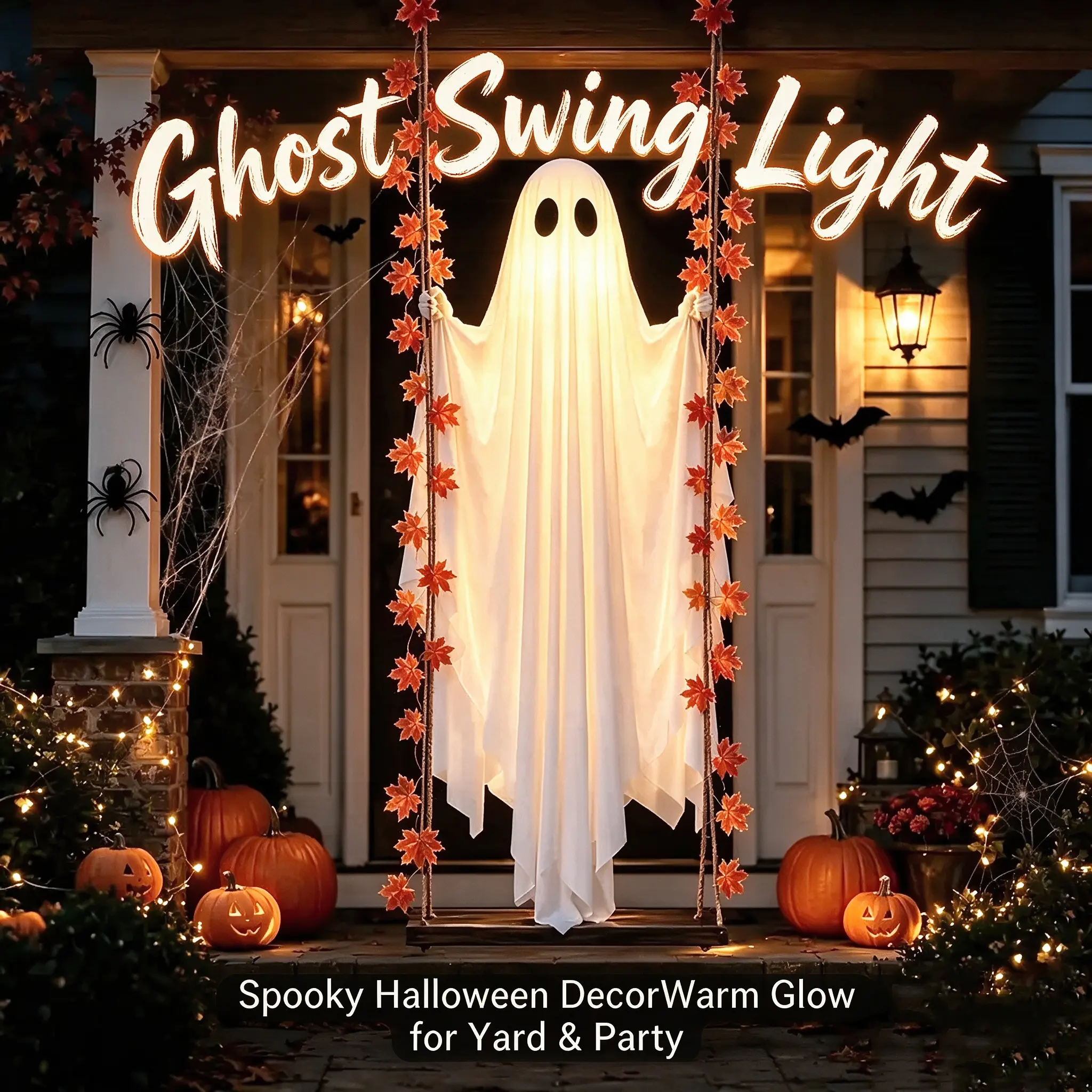 LED Light-Up Swinging Ghost Halloween Decoration with Maple Leaf Garland & Remote Control, Hanging Outdoor Decor for Yd, Porch & Party, Halloween Decorations Outdoor, Party Lighting Decoration