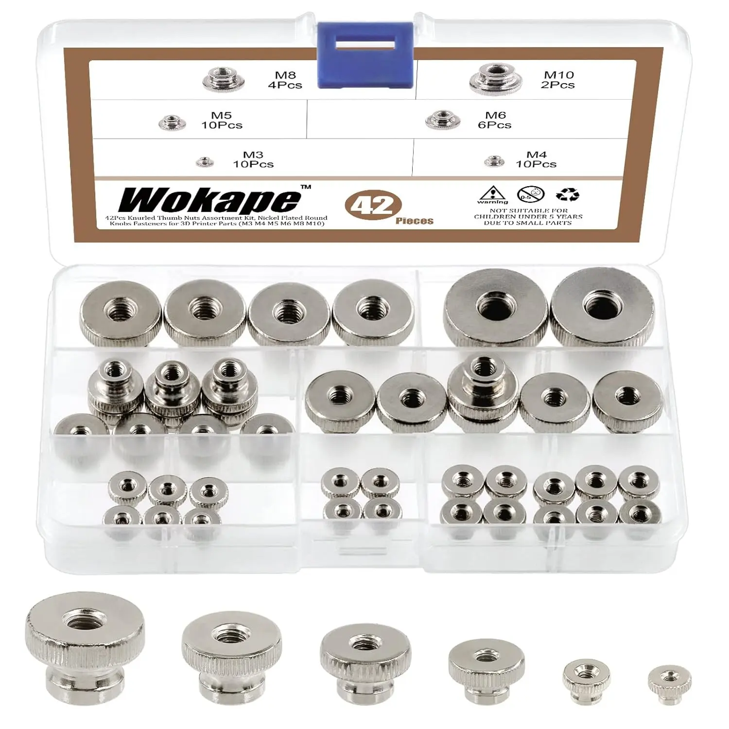 42Pcs Knurled Thumb Nuts Assortment Kit, Nickel Plated Iron Knobs Fasteners Round Hand Screw Nuts for 3D Printer Parts (M3 M4 M5 M6 M8 M10)