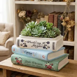 Book Shaped Ceramic Planter – Decorative Book Vase for Bookshelf, Home Office & Living Room Decor, Cute Book Lover Gift, Mini Indoor Flower Pot, Succulent Planter, 5x7 Inch Book Style Decor