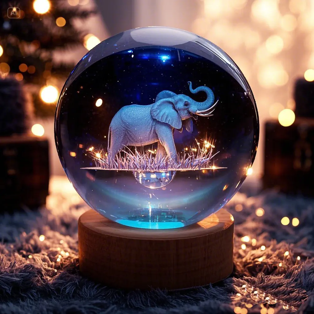 2.36-in (6 cm) Glass 3D Elephant-Carved Crystal Ball Decorative Figurine with LED Base, 3D Illusion Effect, 4 Color-Changing Night Light Modes, Soft Light, Birthday Festive Gift for Women, Kid Room Decor