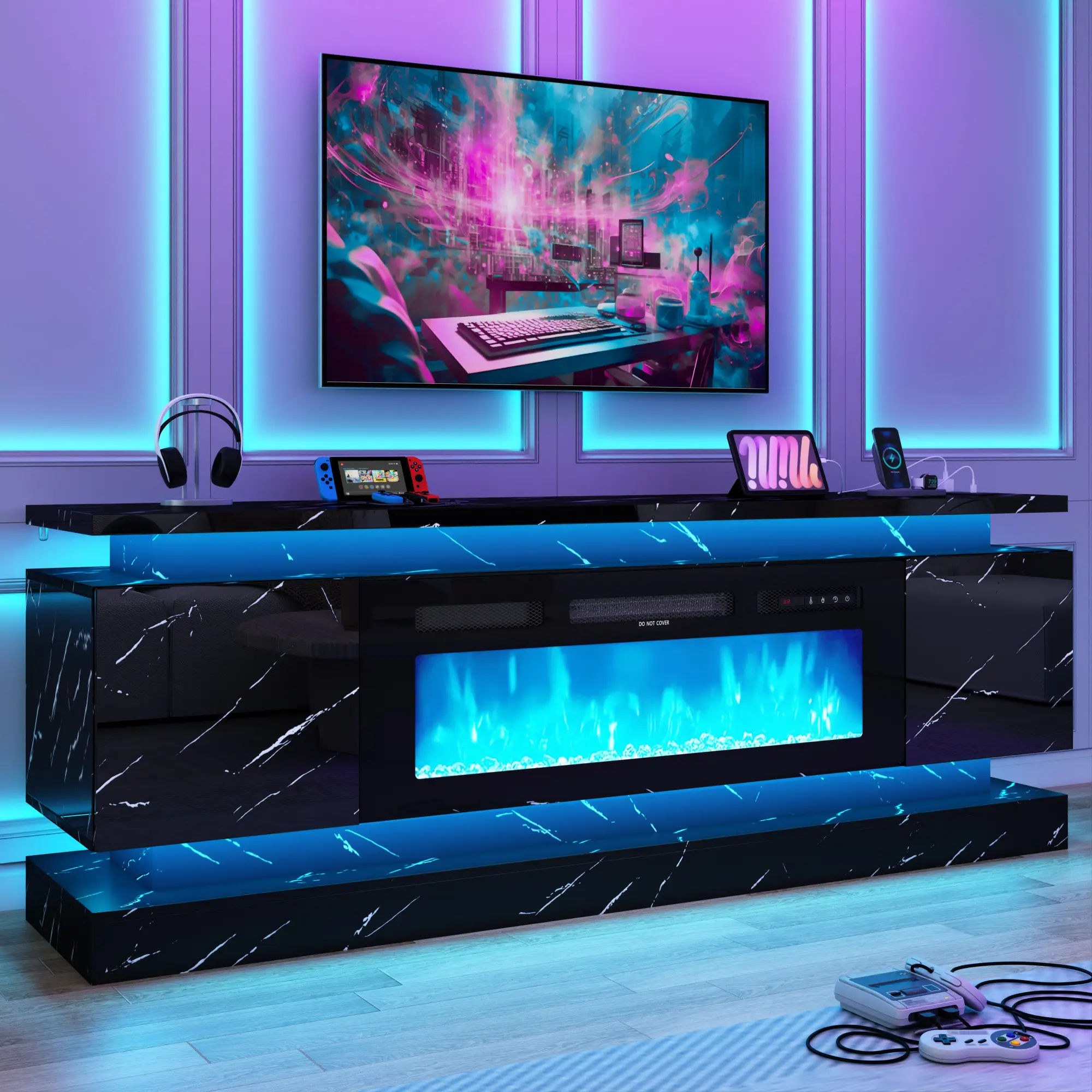 【2Packages Shipping】71" Fireplace TV Stand with 40" Fireplace, LED Lights & Power Outlet for 85/80/75 Inch TV, Modern Gaming Entertainment Center with High Gloss Cabinet, Media TV Console for Living Room (Black/White/Marbling black/Marbling White)