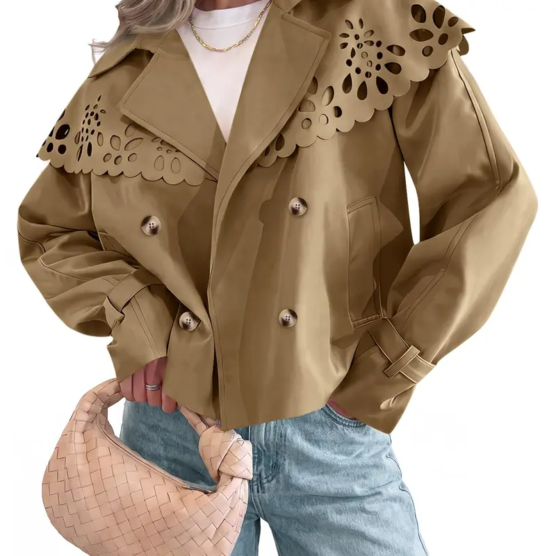 Tankaneo Women's Soft Statement Cropped Trench Coat - Feminine Breathable Polyester Outerwear, Long-Sleeve Oversized Cape with Hollow Floral Shoulders, Fashion Machine-Made Casual Lightweight Spring Fall Jackets for Women
