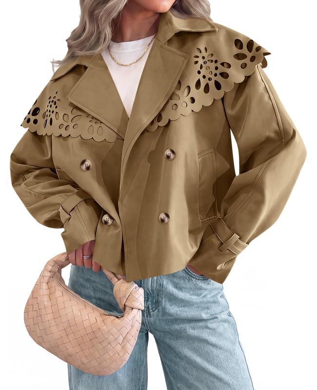 Tankaneo Women's Soft Statement Cropped Trench Coat - Feminine Breathable Polyester Outerwear, Long-Sleeve Oversized Cape with Hollow Floral Shoulders, Fashion Machine-Made Casual Lightweight Spring Fall Jackets for Women
