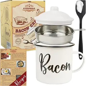 Bacon Grease Container with Strainer, Food-Grade Silicone Spatula -46oz Large Enamel Rustic Farmhouse Fat Container, Keeper, Recipes , Dishwasher Safe