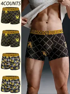 4pcs black gold chain printed men's underwear, light and thin, comfortable, breathable, elastic waistband men's flat bottom pants, fast drying sports underwear, Breathable boxer shorts, Underwear Boxer Briefs, Suitable for Four Seasons home leisure