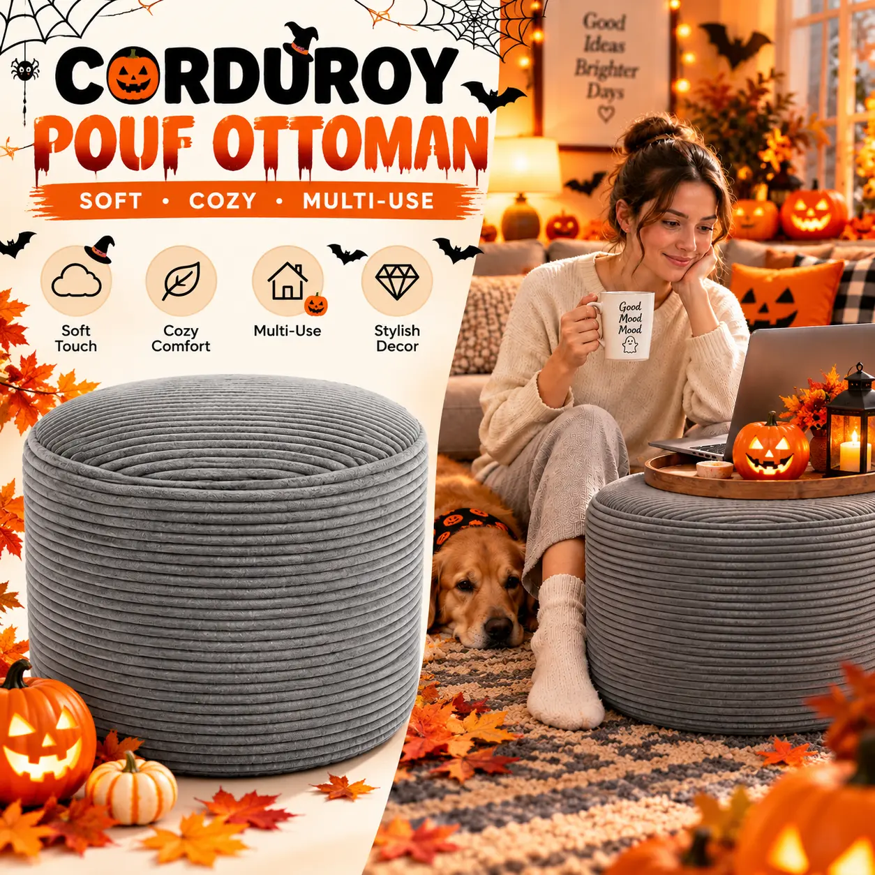 Corduroy Fabric Round Upholstered Pouf Ottoman - 20x20x15in Foam-Stuffed Foot Rest, Soft Accent Seat with Removable Cover for Living Room, Bedroom