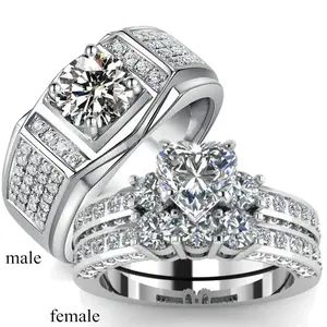 Luxury Couple Rings Women's Heart White Crystal Rhinestones Rings Set Men's CZ Stainless Steel Ring Wedding Engagement Jewelry
