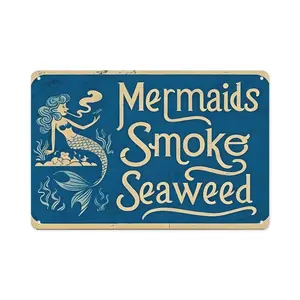 Vintage Metal Tin Sign "Mermaids Smoke Seaweed" - Retro Nautical Humor Wall Decor for Beach House, Bar, Man Cave - Funny Coastal Gift