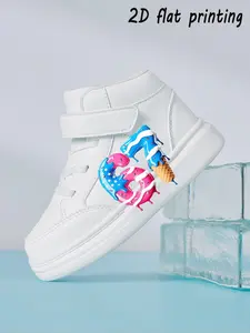 Kids Cartoon 2D Printed High Top Sneakers with Hook & Loop, Donut Ice Cream Graphic, Durable Eva Sole, Stylish Casual Shoes for Toddlers