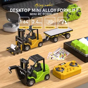 1/64 Desktop Alloy Mini RC Forklift, Realistic Simulation Construction Vehicle, 2-in-1 Fork & Hook Transformable, Dual 2.4G Remote & App Control with Lights Sounds, USB Rechargeable Birthday Toy Gift for Kids Adults