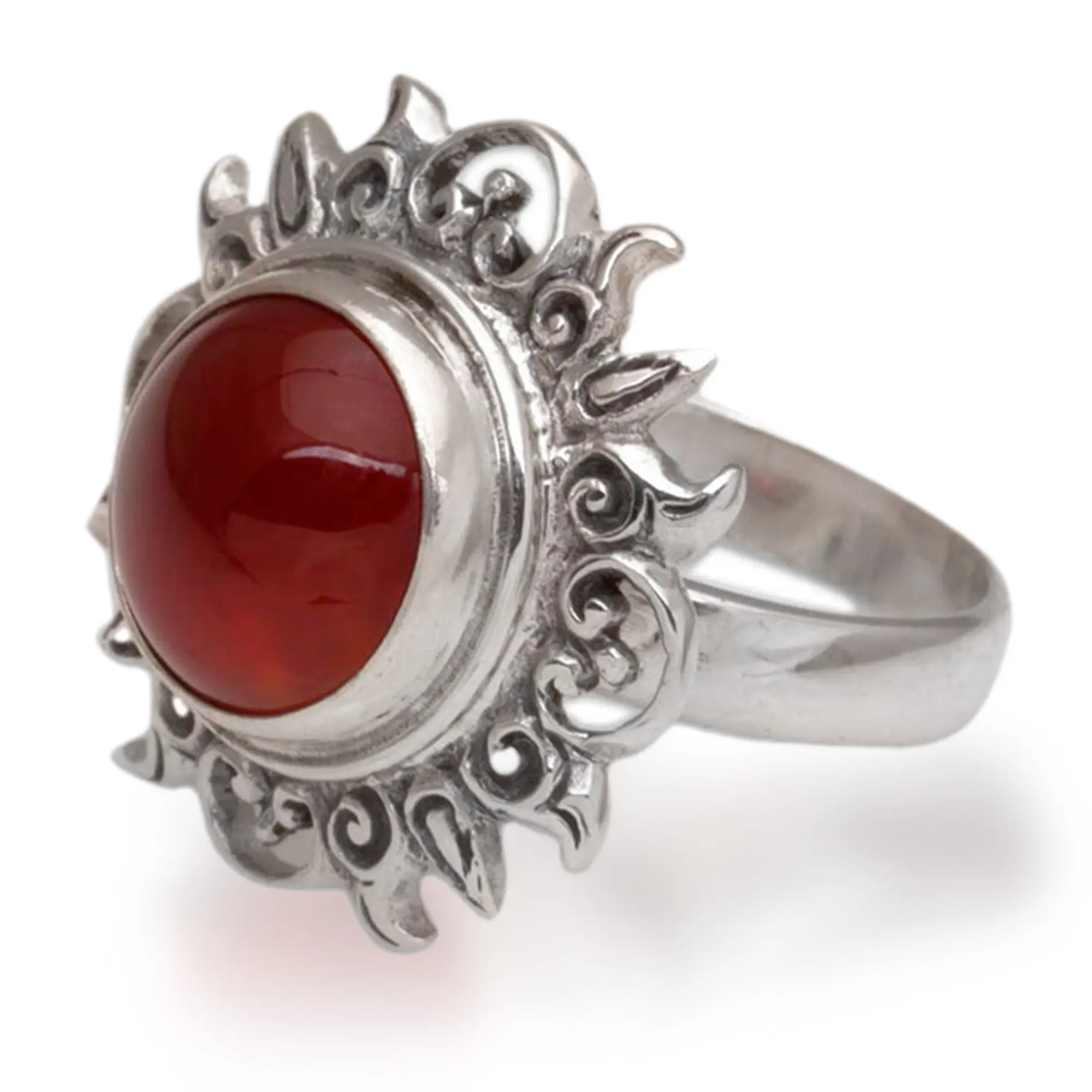 Novica Artisan Handmade Carnelian Cocktail Ring Sun Themed .925 Sterling Silver Red Indonesia Birthstone 'Light Of The Universe'
