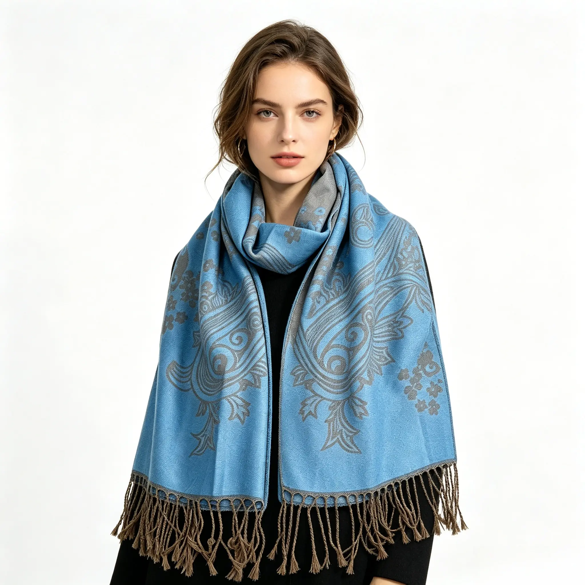 Women's 2-Tone Silky Paisley Pashmina Scarf - Soft Jacquard Wrap for Wedding, Friends, Family, All Seasons - 70.9" x 27.6", Casual, 180Cm X 70Cm, Ultra-Soft, Tassel Ends, Evening Wear, Reversible, Large Size, Rectangular, Clothes, Gentle On Skin