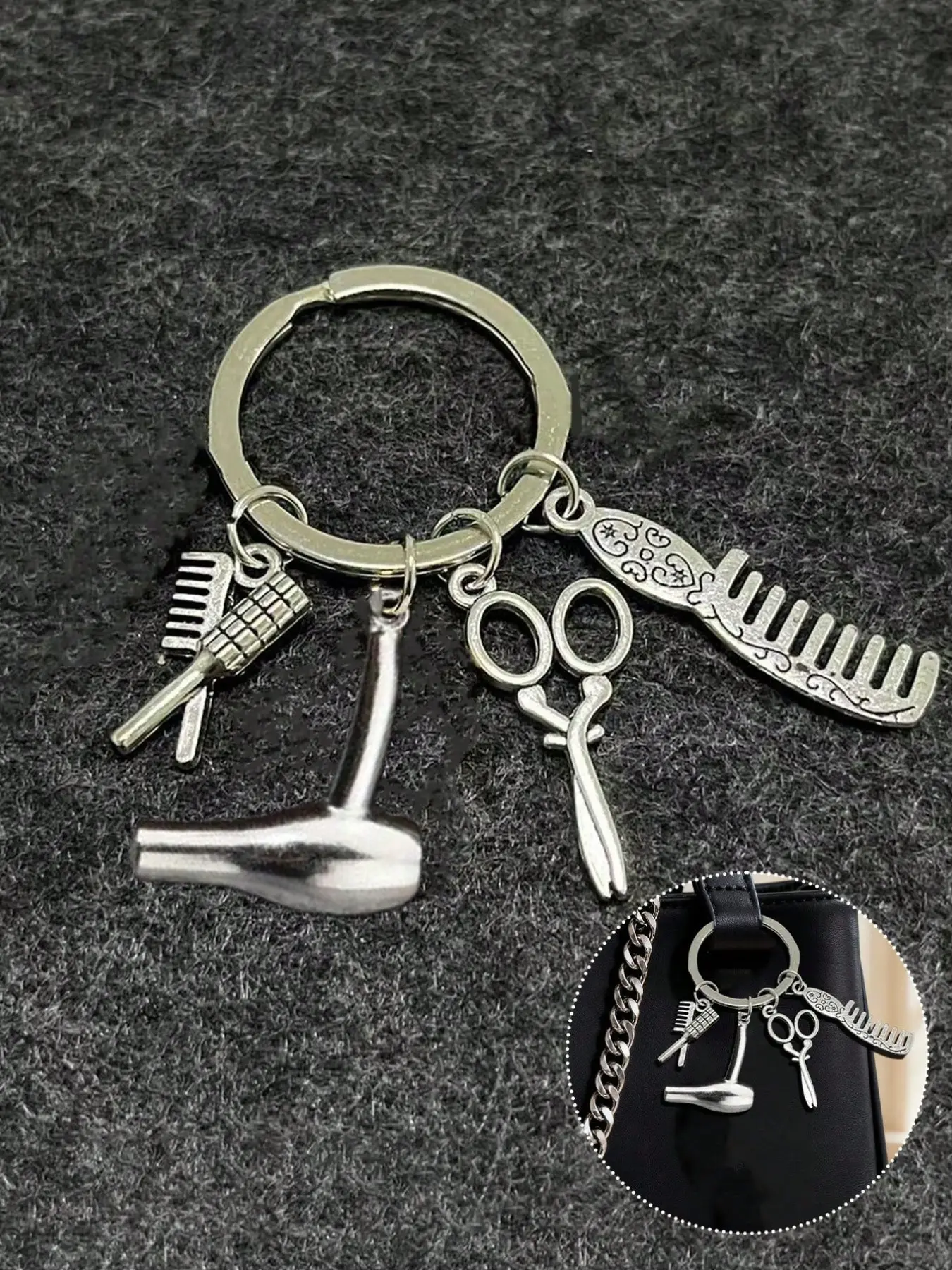 Hair Tool Theme Metal Keychain Set, Includes Scissors Hairdryer Comb Pendant, DIY Car Key Chain, Stylist Gift for Men Women, Stylish Keyring