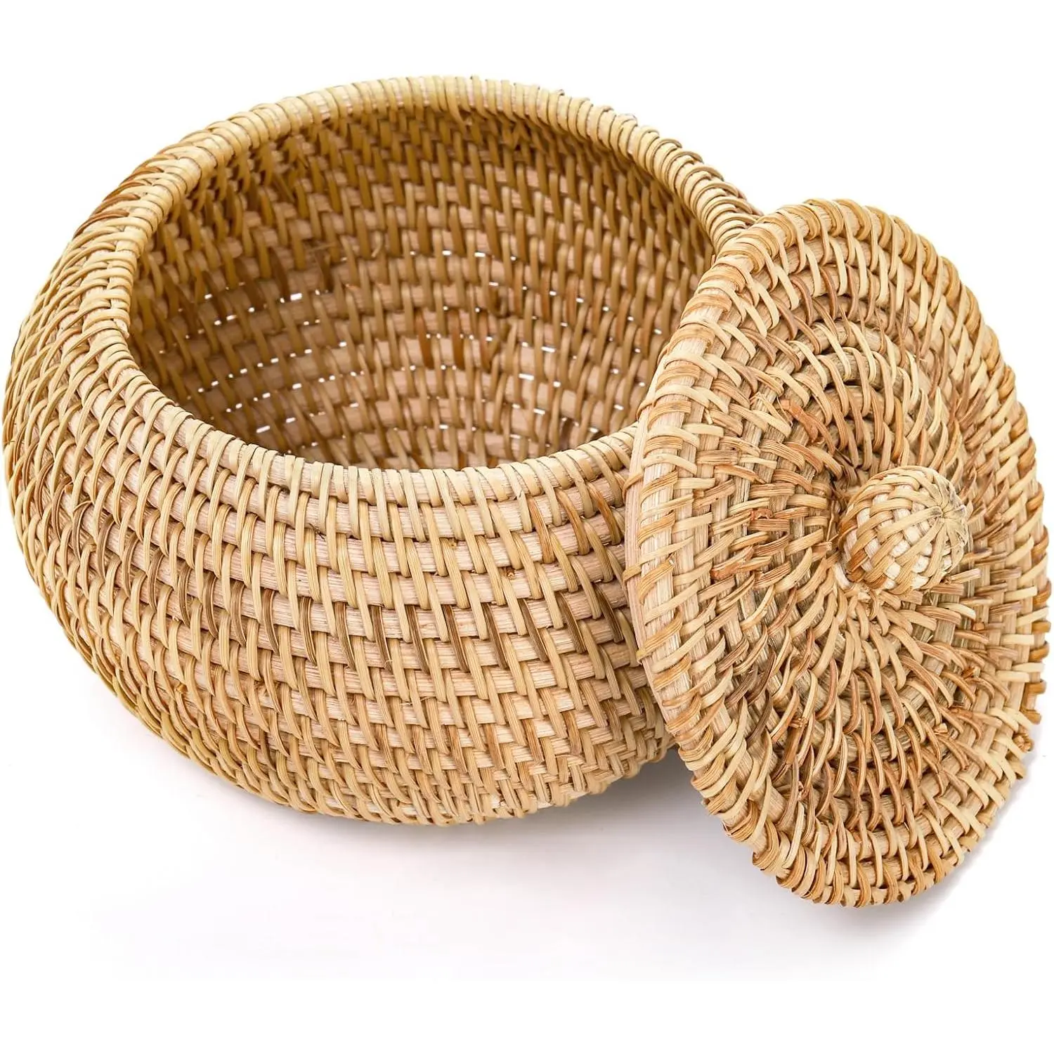 Round Rattan Basket Box with Lid, Small Handmade Woven Storage Basket, Multi-purpose Wicker Bowl Decorative Organizer for Shelf, Home, Bathroom Decor