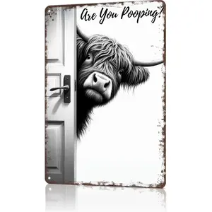 Funny Highland Cow Bathroom Tin Sign "Are You Pooping" - 2D Flat Print Aesthetic Toilet Wall Decor