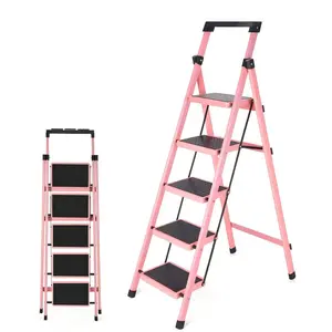 5 Step Ladder with Handrails, Ladders for Home with Removable Tool Bag, Heavy Duty Ladders 330lbs Capacity, Folding Ladder Easy to Store, Tall Kitchen/Closet Ladder for Adults