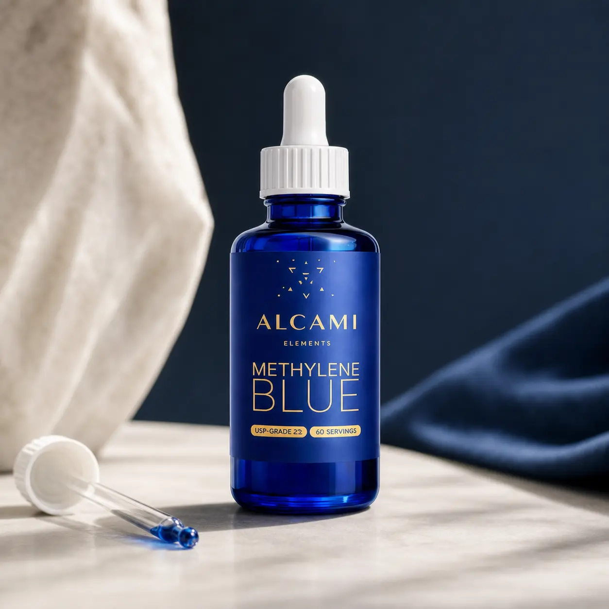 Alcami Methylene Blue - USP Grade 2% Solution in Cobalt Glass Bottle - 60 Precision Dosed Servings - Pure Water & Methylene Blue Formula - No Alcohol or Fillers - GMP Certified