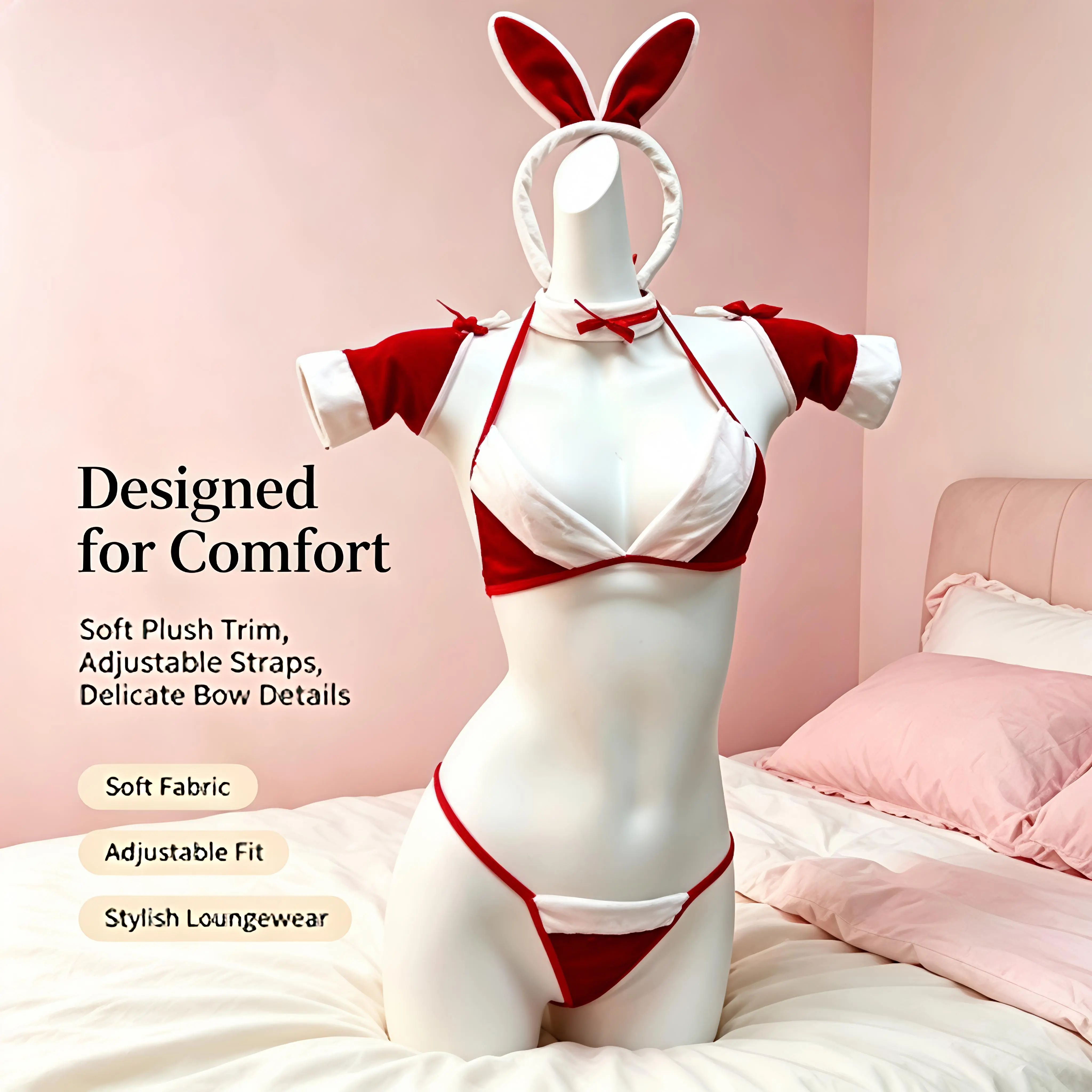 Women's 3-Piece Body-Flattering Christmas Bunny Santa Cosplay Lingerie Set - Festival Outfits with Choker Necklace, Bunny Ears, Machine-Washable Womenswear Underwear