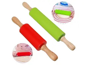 2-Pack Non-Stick Silicone Rolling Pins - 12" & 9" with Wooden Handles for Dough, Pizza, and Cookies - Ideal for Cooking and Baking Bakeware Set