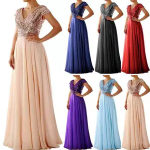 2025 Elegant Sequin Chiffon Evening Gown Sleeveless V Neck Cocktail Party Dress Formal Womenwear