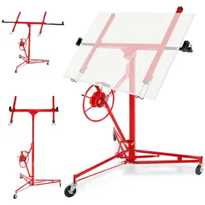 Red Drywall Lift, 150lb Drywall Lift Jack with Wheels - 11FT Adjustable Steel Sheetrock Hoist for Ceiling & Wall Installation - Heavy Duty Panel Lifter for Pros & Homeowners