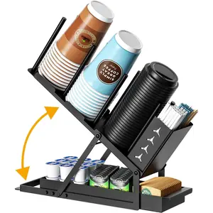 Cup and Lid Holder with Straw Organizer - Black Coffee Station Organizer, 3 Compartment Cup Holder for Disposable and Plastic Cups, Includes