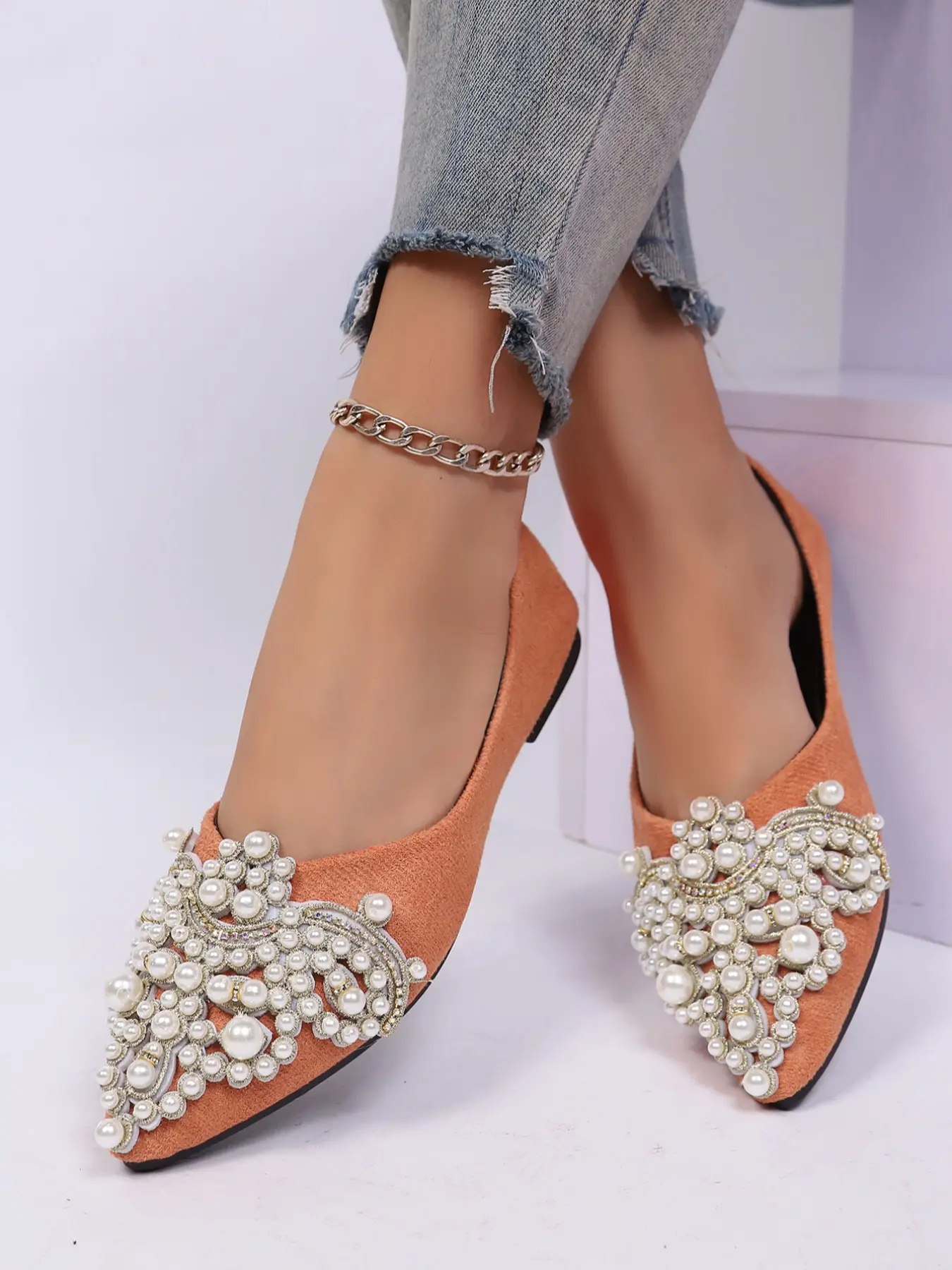 Women's Pearl Rhinestone Pointed Toe Flat Shoes, French Luxe Evening Party Wedding Shoes, Vintage Retro Classic Lady Single Shoe for All Seasons Summer Flats Faux Pearl Shoes, Fashionable Flats