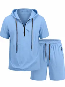 Men's 2-Piece Hooded Short Sleeve Set, Half-Zip Drawstring, Side Zip Pockets, Linen Texture, Summer Casual Wear, Beach Vacation