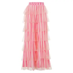 Women Trendy Cute Pants Casual Layered Mesh Ruffles Stripe Print Elastic Trousers for Daily Streetwear Fashion Fit Womenswear Bottom Loose Polyester Skirts Maxi