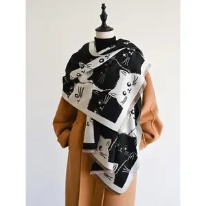 Women's Cute Cat Pattern Double Sided Scarf, Casual Soft Warm Shawl for Fall & Winter, Fashion Accessories for Daily Wear