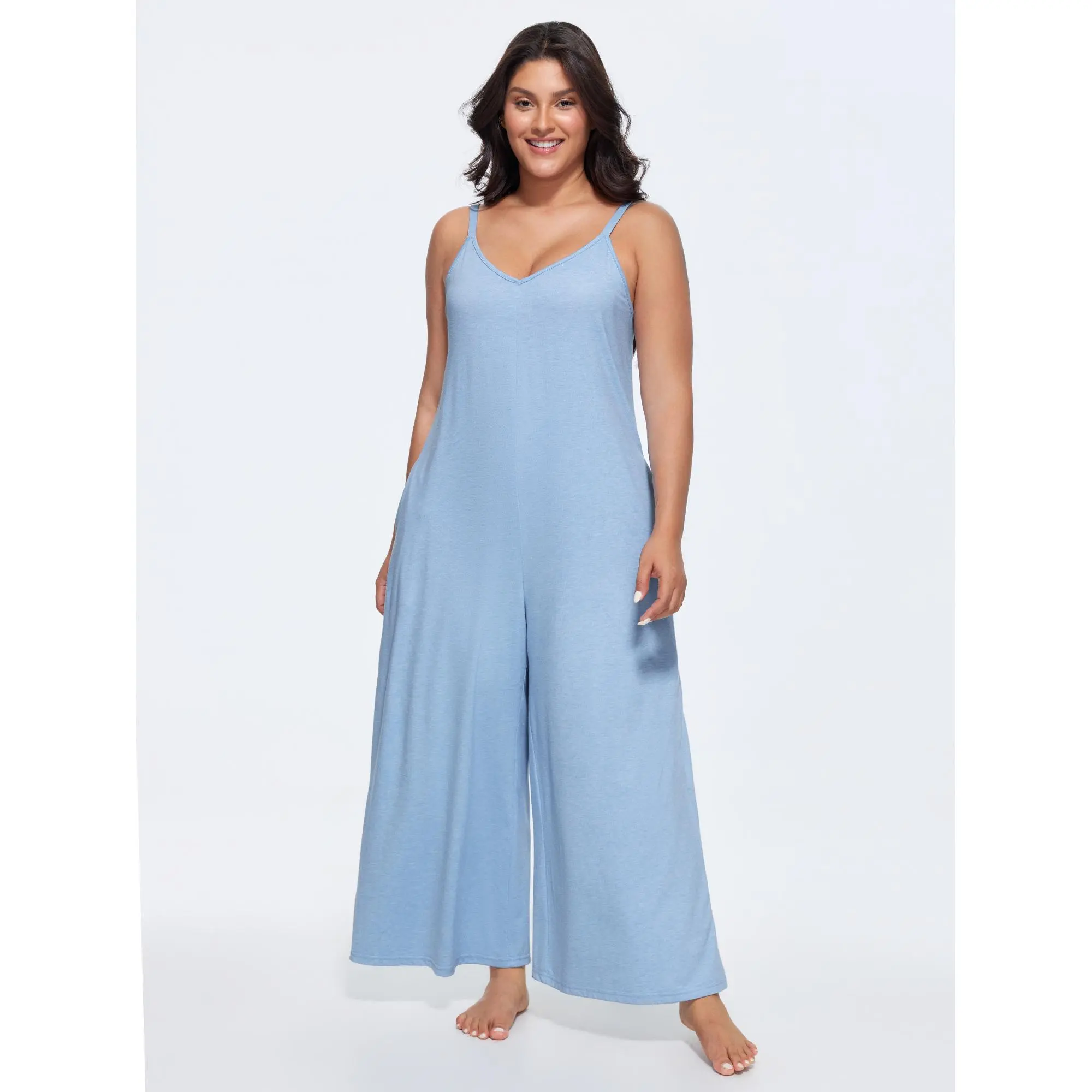 BloomChic Women's Plus Size Casual Sleeveless Jumpsuit, Comfy Pull-On Camisole Overalls in Soft Fabric with Pockets, Pull-On Closure, Polyester, Spandex, Low Iron