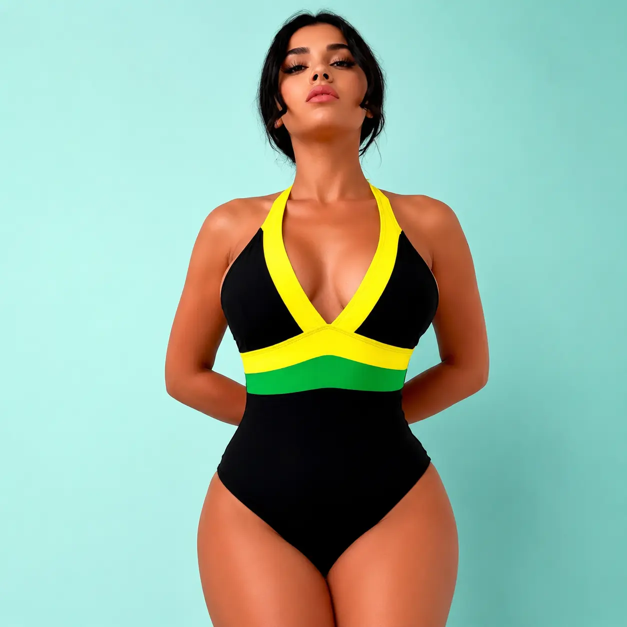 Women's Color Block Halter One Piece Swimsuit Deep V Open Back Cross Back Tie Back High Leg Bathing Suit, Black Yellow Green Contrast One Piece Swimwear for Beach Vacation Pool Resort Summer Getaway