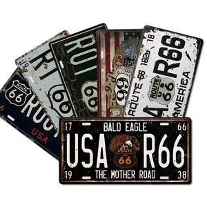 Route 66 Brand 6pc Vintage Metal License Plate Set Rustic Americana Wall Decor with USA Flag Eagle Motif Mother Road Illinois to California Sign