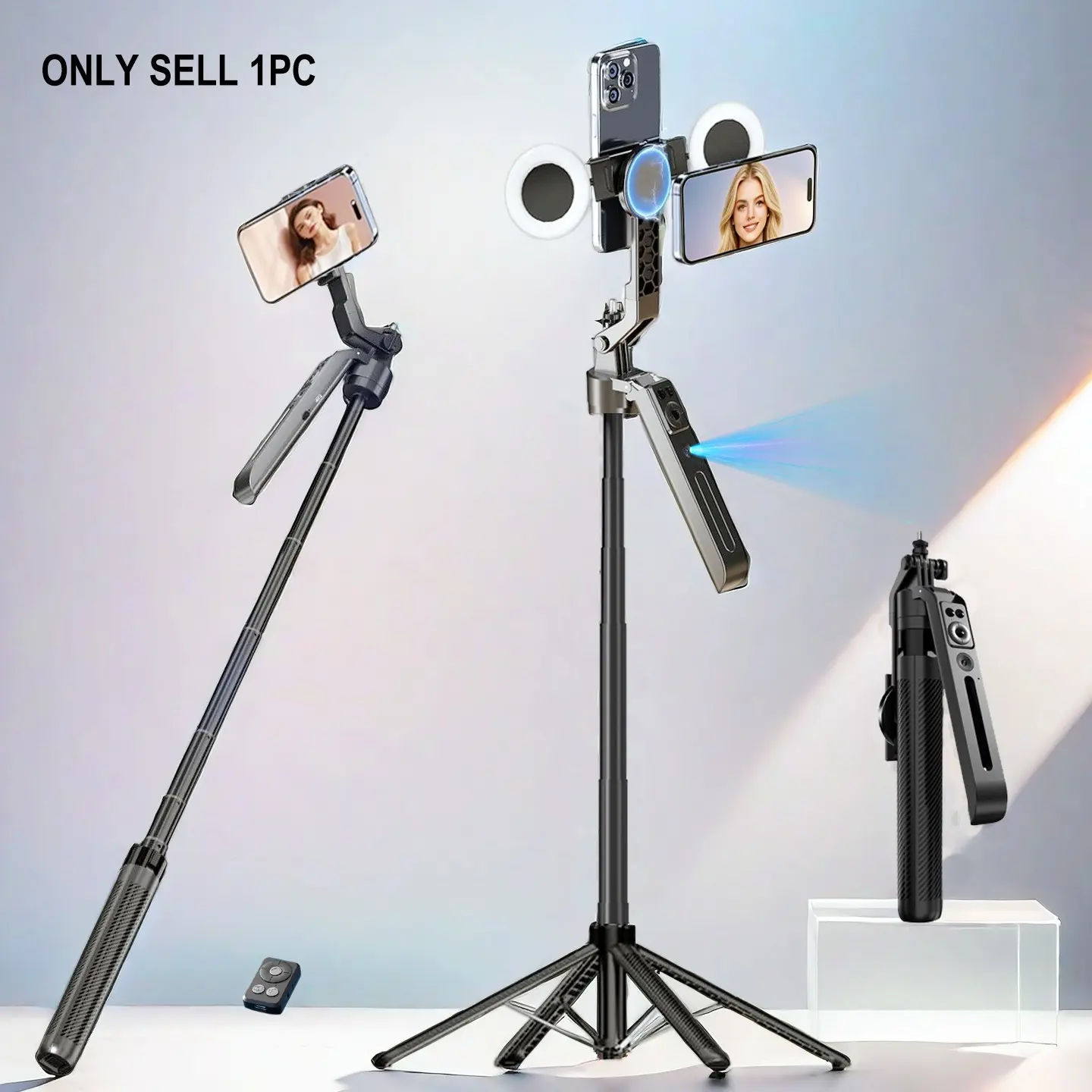 Ai Face Tracking Gimbal Stabilizer, 70-Inch Tripod, Magnetic Phone Holder, Dual Phone Slots, Smartphone Selfie Stick, 360° Rotation, Remote Control, Smart Shooting, Selfie Stand